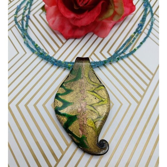 Multi Strand Tiny Blue Glass Seed Bead Necklace Art Glass Gold Foil Pendant 21" - Picture 1 of 7